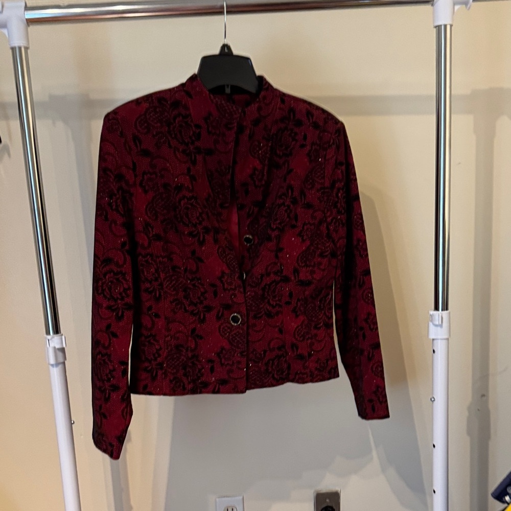 Jessica Howard Burgundy Sparkling Floral Women's Blazer F7